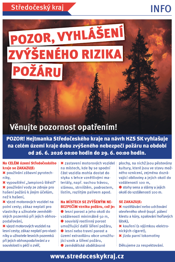 POZOR - ZVÝŠENÉ RIZIKO POŽÁRŮ