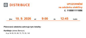 Odstávka dodávky elektřiny 10.9.2026